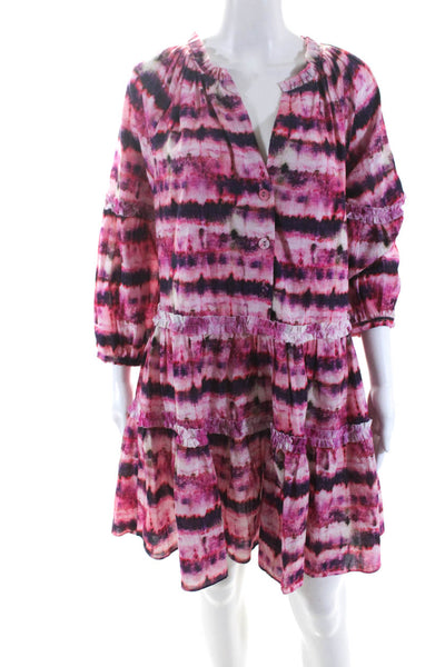 Valencia & Vine Womens Cotton Striped Tie Dye Button Up A-Line Dress Pink Size M