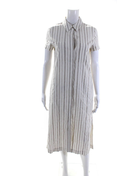 Theory Womens Linen Caliver Striped Button Down Shirt Dress White Grey Size 6