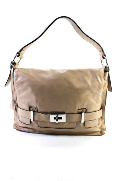 Karen Millen Womens Leather Silver Tone Flap Shoulder Handbag Beige