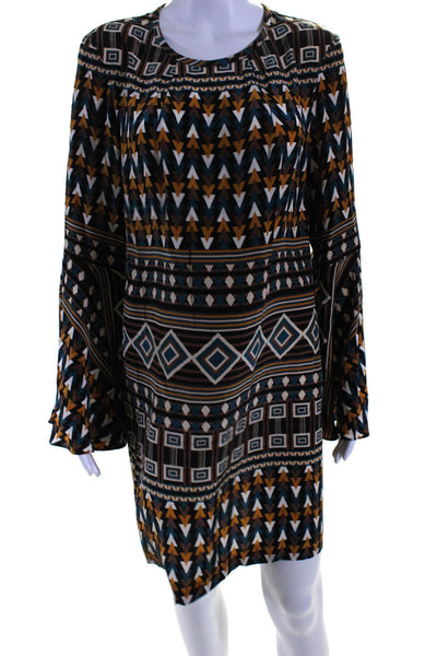 Issa London Womens Long Sleeve Geometric Shift Dress Brown Teal Orange Large