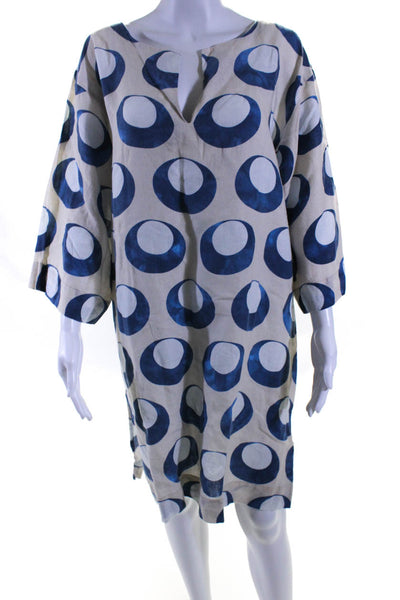 Haremlique Womens Short Sleeve Printed Y Neck Shift Dress White Blue Linen Sz 2