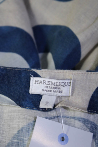 Haremlique Womens Short Sleeve Printed Y Neck Shift Dress White Blue Linen Sz 2
