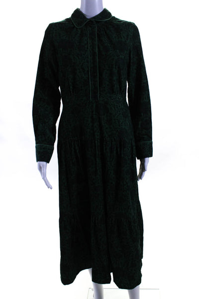 Brora Womens Printed Corduroy Long Sleeve Midi Popover Dress Blue Green Size 10