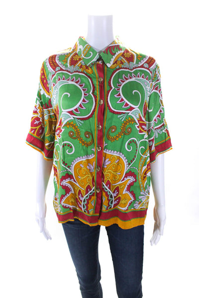 Haute Hippie Womens Button Front Collared Abstract Shirt Green Multi Size Large