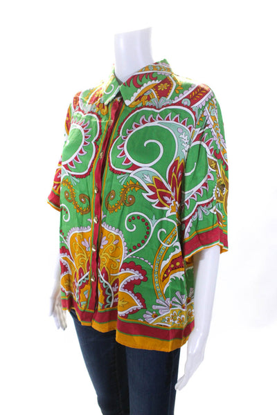 Haute Hippie Womens Button Front Collared Abstract Shirt Green Multi Size Large