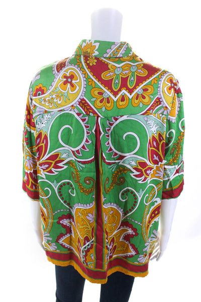 Haute Hippie Womens Button Front Collared Abstract Shirt Green Multi Size Large