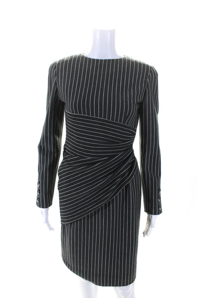 Bill Blass Womens Striped Print Ruche Back Zipped Long Sleeve Dress Gray Size 4