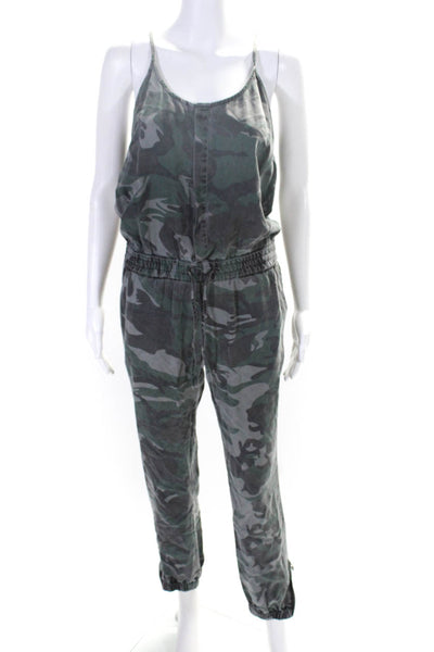 Pam & Gela Womens Camouflage Drawstring Waist Sleeveless Jumpsuit Green Size P