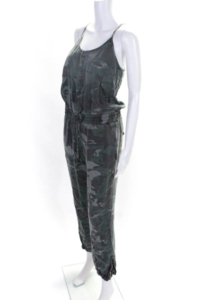 Pam & Gela Womens Camouflage Drawstring Waist Sleeveless Jumpsuit Green Size P