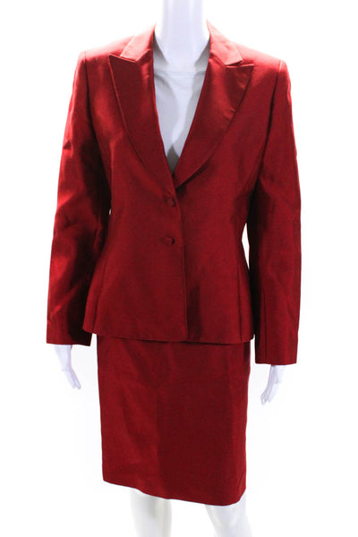 Tahari Womens Wool Buttoned Collared Long Sleeve Blazer Skirt Set Red Size 8