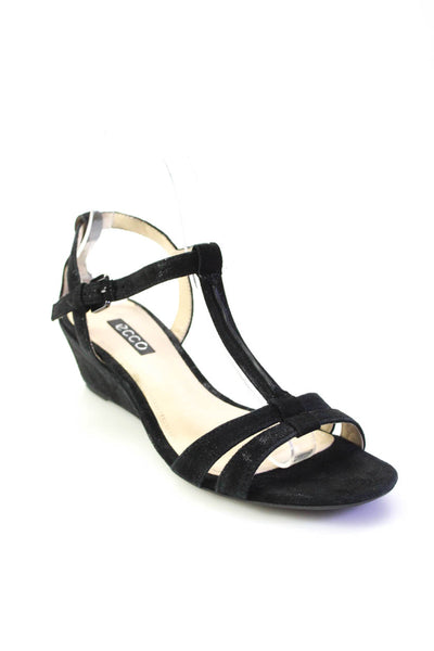 ECCO Womens Suede Peep Toe T Strap Wedge Sandals Black Size 7