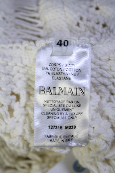 Balmain Womens Hook Front Open Crochet Knit Fringe Jacket White Size FR 40