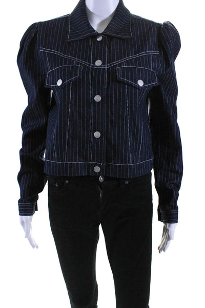 Lovers + Friends Womens Pinstripe Denim Cropped Button Up Jacket Blue Size Small
