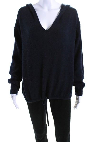 Theory Womens V Neck Hooded Oversize Drawstring Sweater Navy Cashmere Size Small