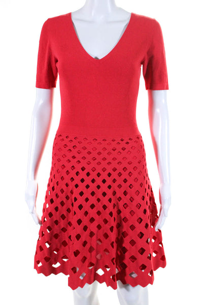 D. Exterior Women's V-Neck Short Sleeves Lined Fit Flare Mini Dress Red Size S