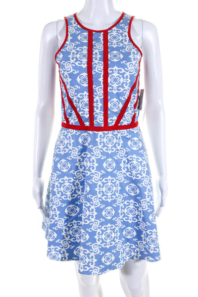 Ellelauri Womens Contrast Trim Abstract Print A line Dress Blue Size M