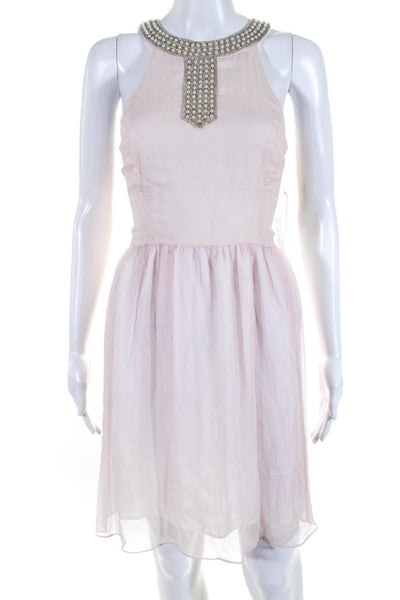 Ellelauri Womens Silk Chiffon Pearl Embellished Halter Neck Dress Pink Size M