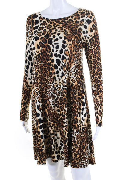Ellelauri Womens Leopard Print Long Sleeve Shift Dress Brown Size L