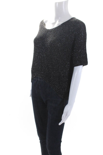 Natacha Womens Metallic Knit Short Sleeve Round Neck Shirt Top Black Size M