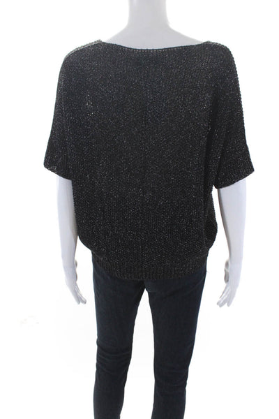 Natacha Womens Metallic Knit Short Sleeve Round Neck Shirt Top Black Size M