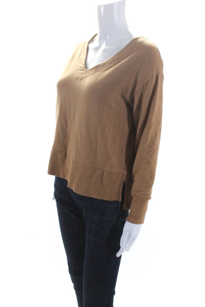 Cuyana Women's V-Neck Long Sleeves Pullover Slit Hem Sweatshirt Brown Size S