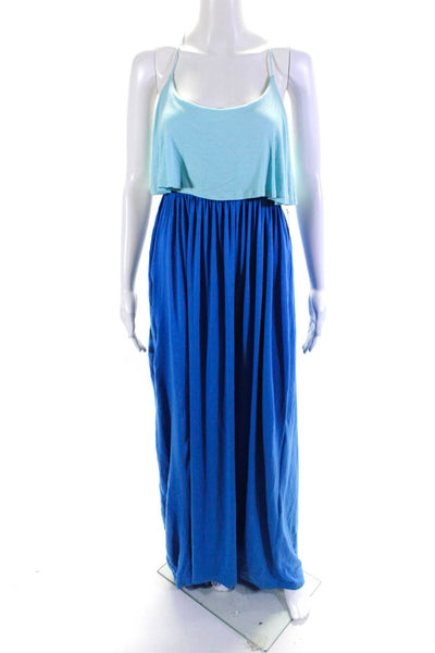 Ellelauri Women's Scoop Neck Spaghetti Straps Color Block Maxi Dress Blue Size L
