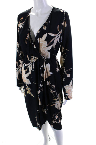 Ellelauri Women's V-Neck Long Sleeves Wrap Midi Dress Navy Floral Size XS