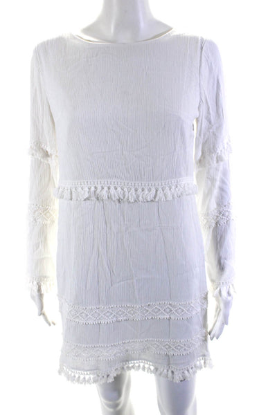 Ellelauri Women's Long Sleeves Tassel Crochet Trim Mini Dress White Size S