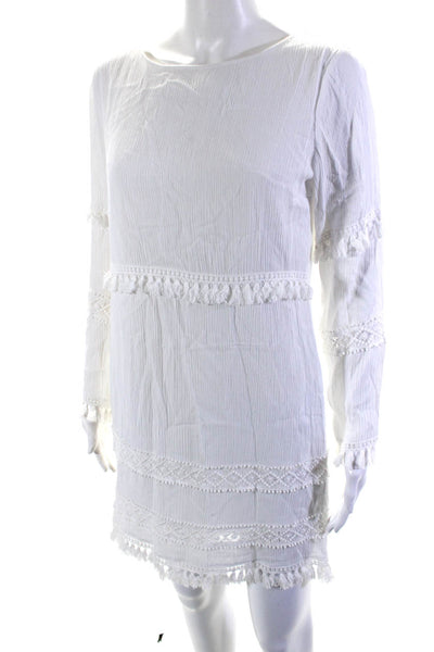 Ellelauri Women's Long Sleeves Tassel Crochet Trim Mini Dress White Size S