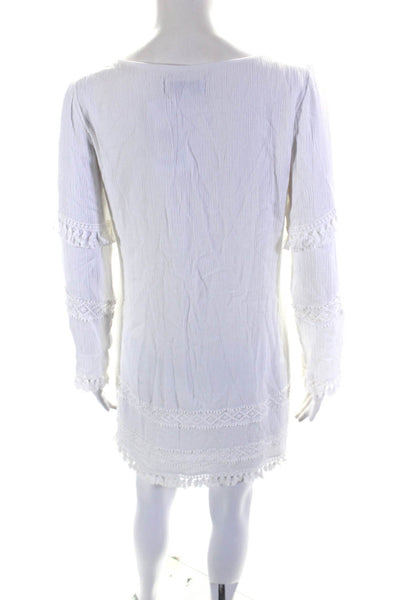 Ellelauri Women's Long Sleeves Tassel Crochet Trim Mini Dress White Size S