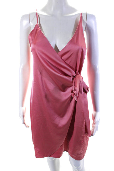 Ellelauri Women's V-Neck Spaghetti Straps Wrap Lined Mini Dress Pink Size M