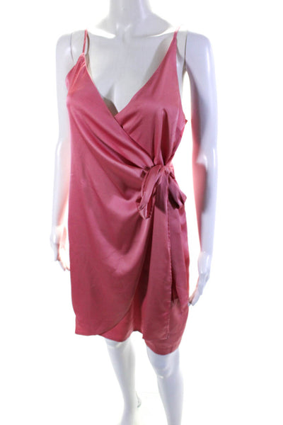 Ellelauri Women's V-Neck Spaghetti Straps Wrap Lined Mini Dress Pink Size M