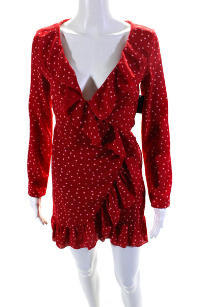 Ellelauri Womens Long Sleeves V-Neck Ruffle Wrap Mini Dress Star Print Red Size