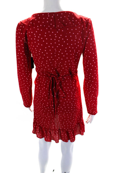 Ellelauri Womens Long Sleeves V-Neck Ruffle Wrap Mini Dress Star Print Red Size