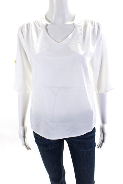 Ellelauri Women's Round Neck Short Sleeves High Low Hem Silk Blouse White Size M