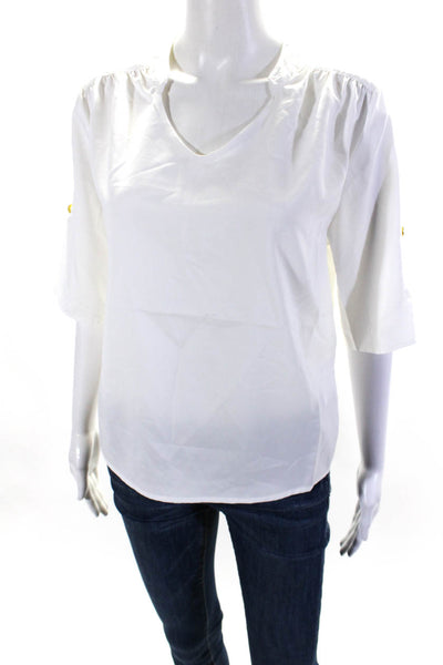 Ellelauri Women's Round Neck Short Sleeves High Low Hem Silk Blouse White Size M