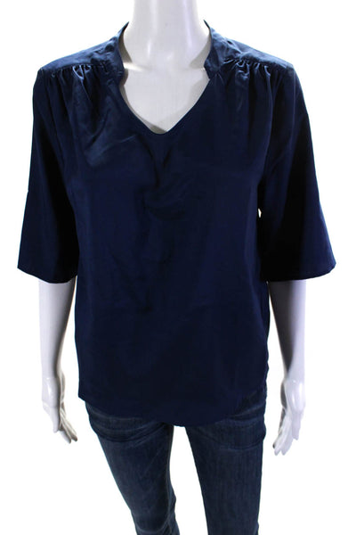 Ellelauri Women's V-Neck Short Sleeves High Low Hem Silk Blouse Blue Size M