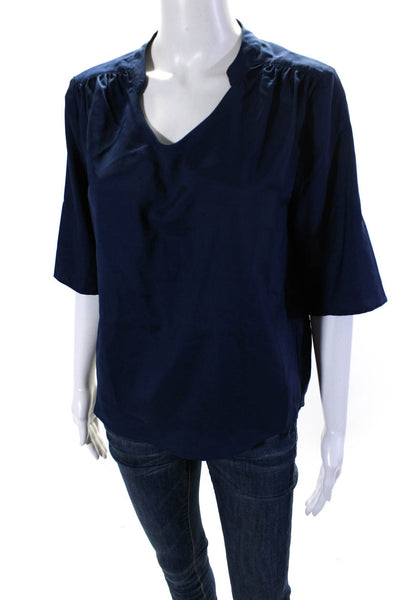 Ellelauri Women's V-Neck Short Sleeves High Low Hem Silk Blouse Blue Size M