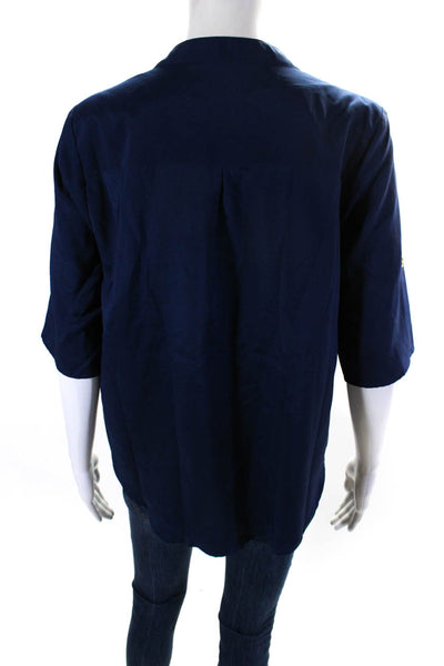 Ellelauri Women's V-Neck Short Sleeves High Low Hem Silk Blouse Blue Size M