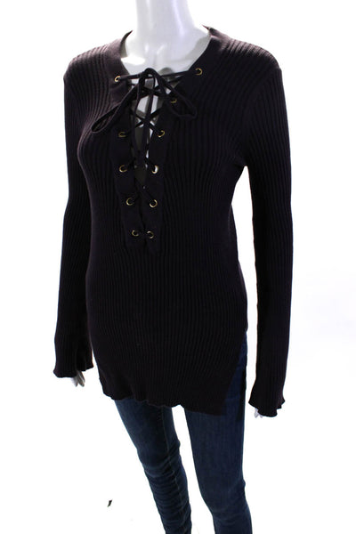 Acrobat Women's V-Neck Lace Up Long Sleeves Ribbed Sweater Purple Size S