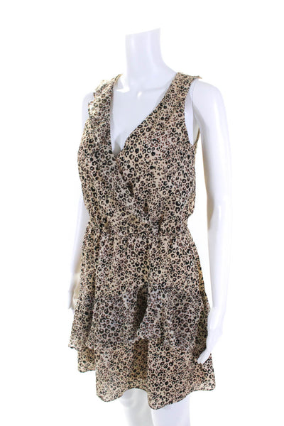 Parker Womens Cheetah Print Ruffled Hem Sleeveless V-Neck Dress Beige Size S