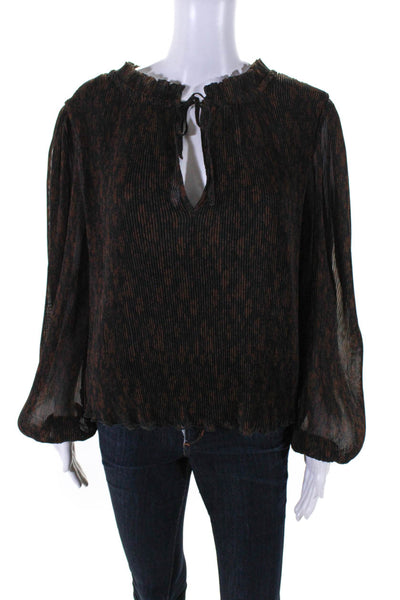 Ganni Womens Brown Floral Pleated V-Neck Long Sleeve Blouse Top Size 38