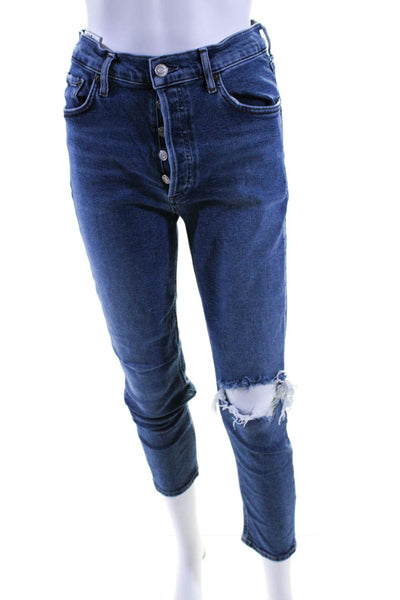 Agolde Womens High Waist Button Fly Distressed Skinny Jeans Blue Size 27