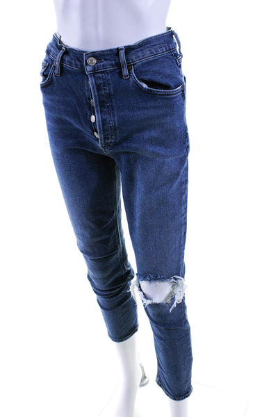 Agolde Womens High Waist Button Fly Distressed Skinny Jeans Blue Size 27