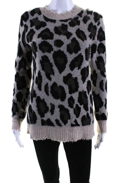 Aqua Cashmere Womens Fringe Trim Leopard Cashmere Sweater Brown Black Size XS