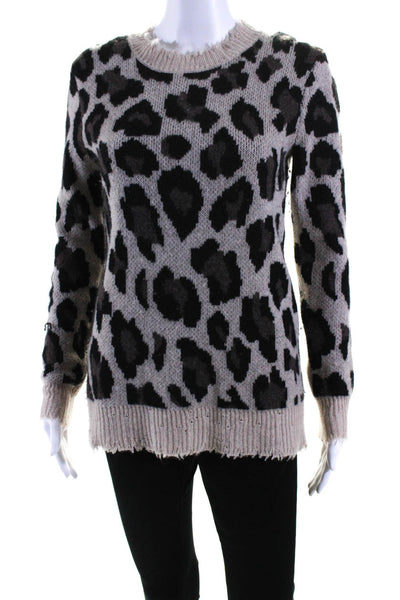 Aqua Cashmere Womens Fringe Trim Leopard Cashmere Sweater Brown Black Size XS