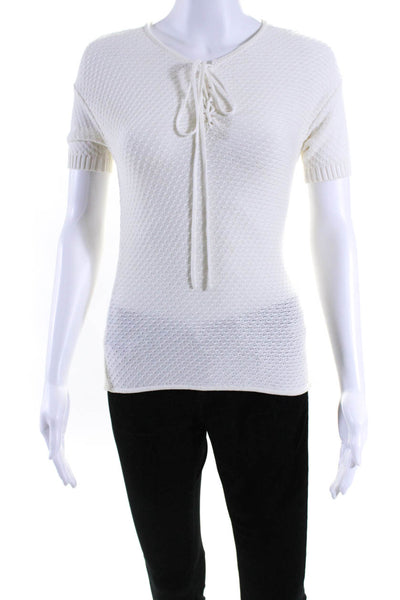 Frame Shirt Womens Short Sleeve Lace Up Neck Open Knit Shirt White Size XS