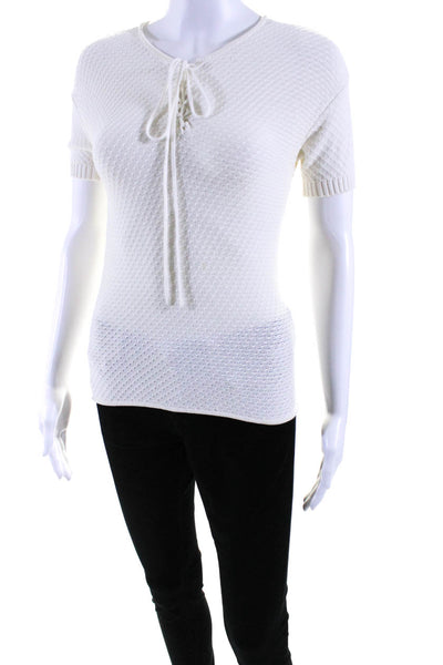 Frame Shirt Womens Short Sleeve Lace Up Neck Open Knit Shirt White Size XS