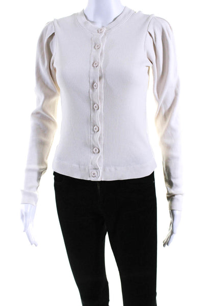 Amo Womens Button Front Crew Neck Ribbed Cardigan Sweater White Cotton Size XS