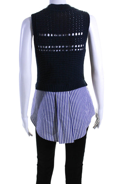 Veronica Beard Womens Sleeveless Crew Neck Crochet Striped Top Navy White XS